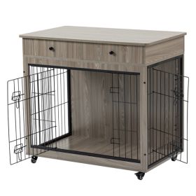 38.4" Wooden Dog Crate Furniture Decorative Pet Cage Dog Kennel with 2 Drawers