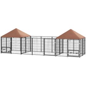 Outdoor Dog Kennel with 2 Rooms, Rotating & Adjustable Height Bowls, Waterproof UV-Resistant Cover, 16.2' x 4.7' x 5.1'